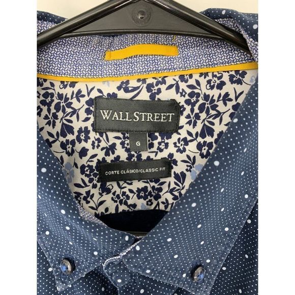 Men Wall Street Button Dot Contrast Navy Shirt Long Sleeve Classic Fit L 3915 - Picture 2 of 7